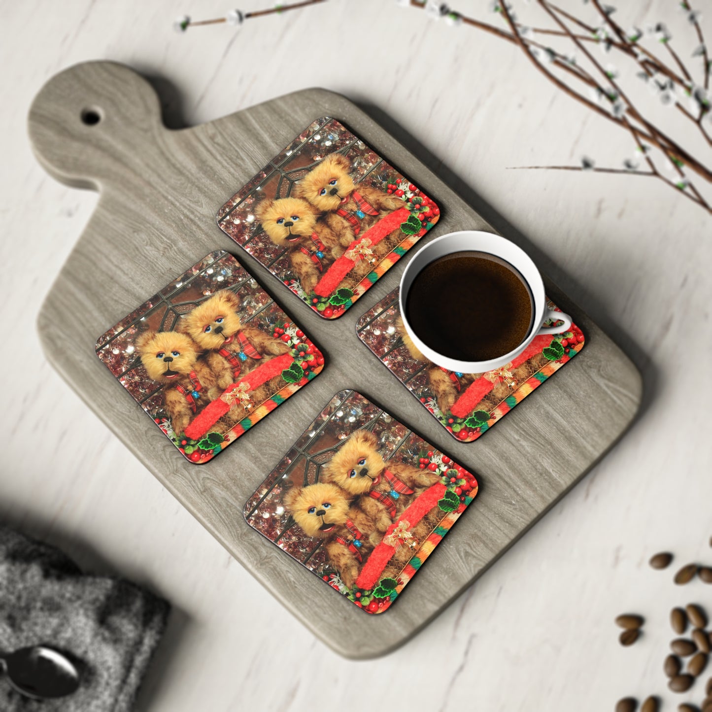 Festive Bear Coasters | Cute Home Decor | Holiday Drinkware | Animal Theme Decorations | Cozy Living Room Gift