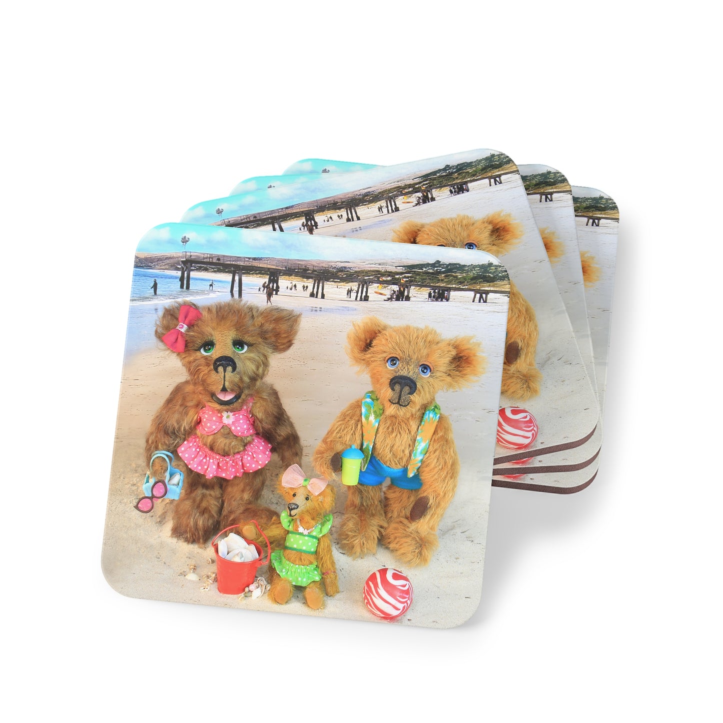 Beach-Themed Coasters with Cute Bears | Fun Gift for Summer Parties, Home Decor, Kitchen Accessories, Coaster Set, Drinkware
