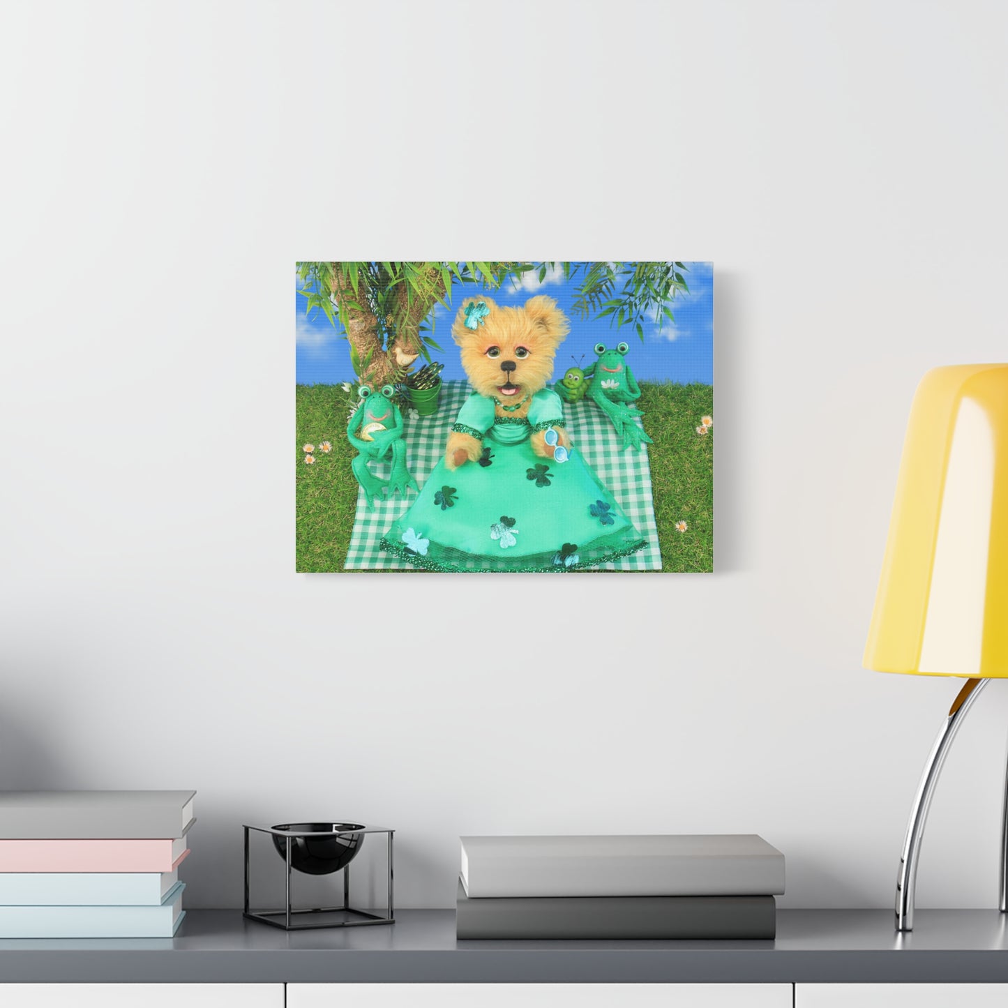 Whimsical Canvas Art Print featuring Adorable Bear and Frogs, St. Patrick's Day Decor, Kids Room Decor, Animal Lovers Gift, Fun Wall Art