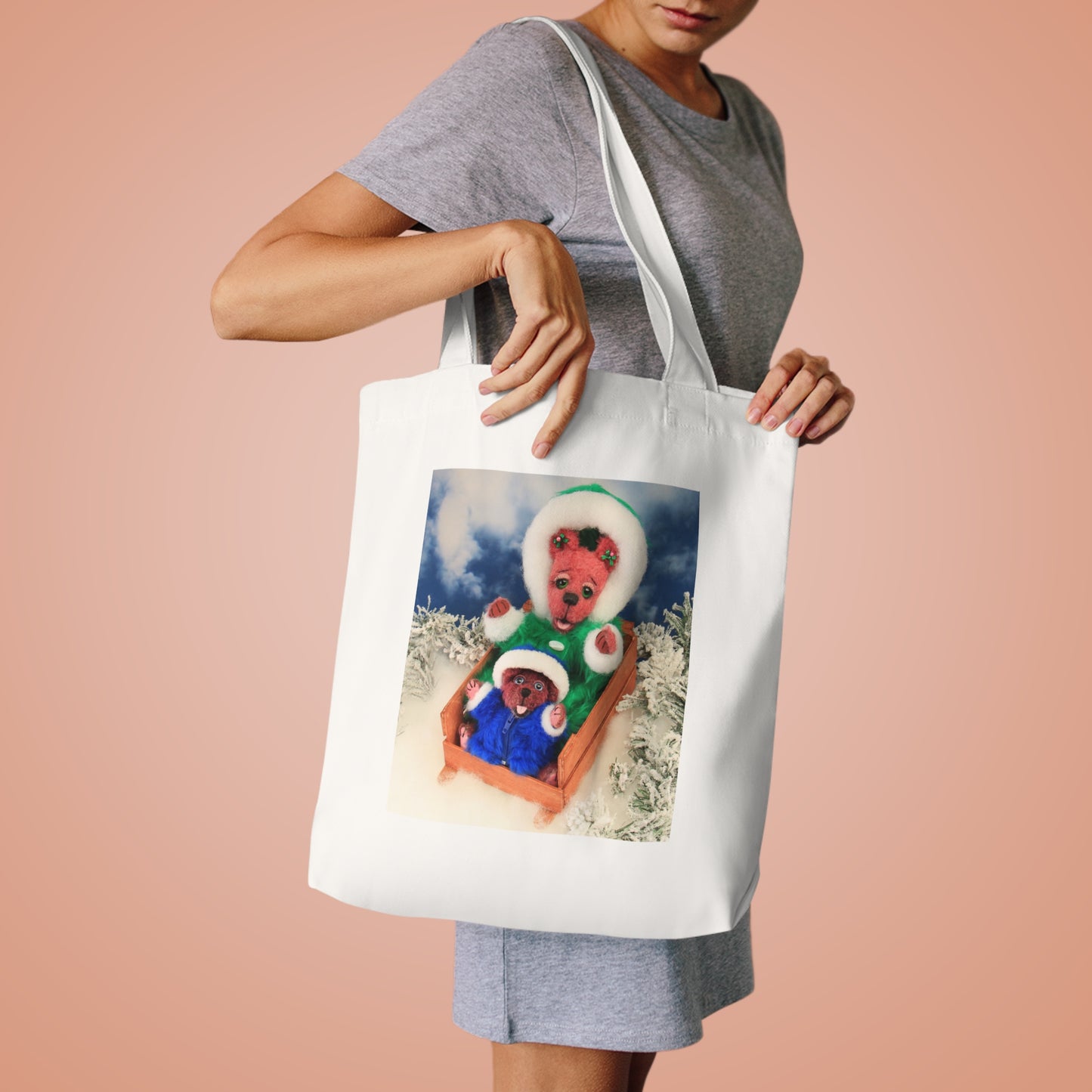 Festive Cotton Tote Bag with Holiday Design, Christmas Gift Bag, Eco-Friendly Shopping Tote, Personalized Winter Tote, Family Photo Bag