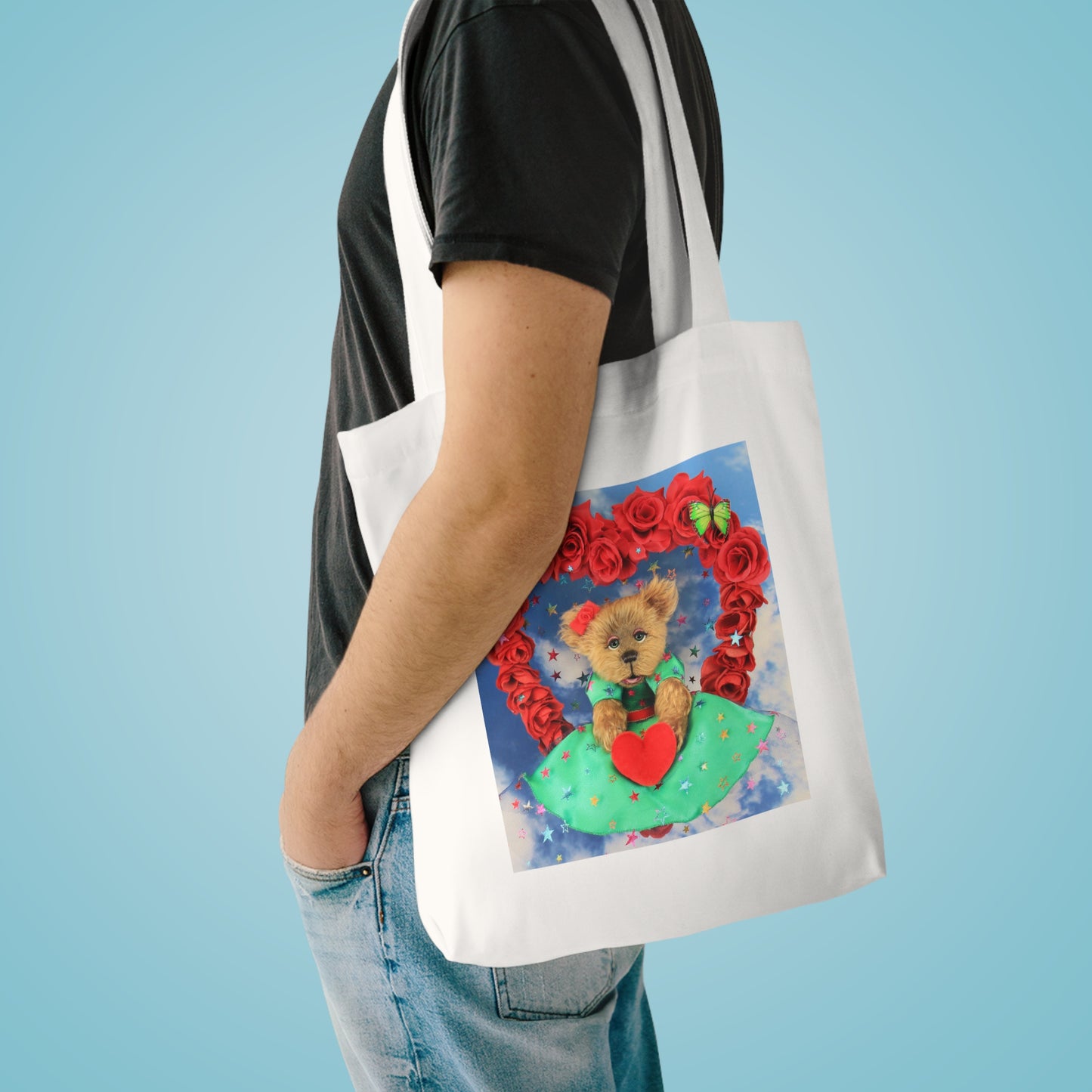 Cute Floral Bear Cotton Tote Bag, Reusable Shopping Bag, Eco-Friendly Gift, Valentine's Day Tote, Bear Lover's Accessory