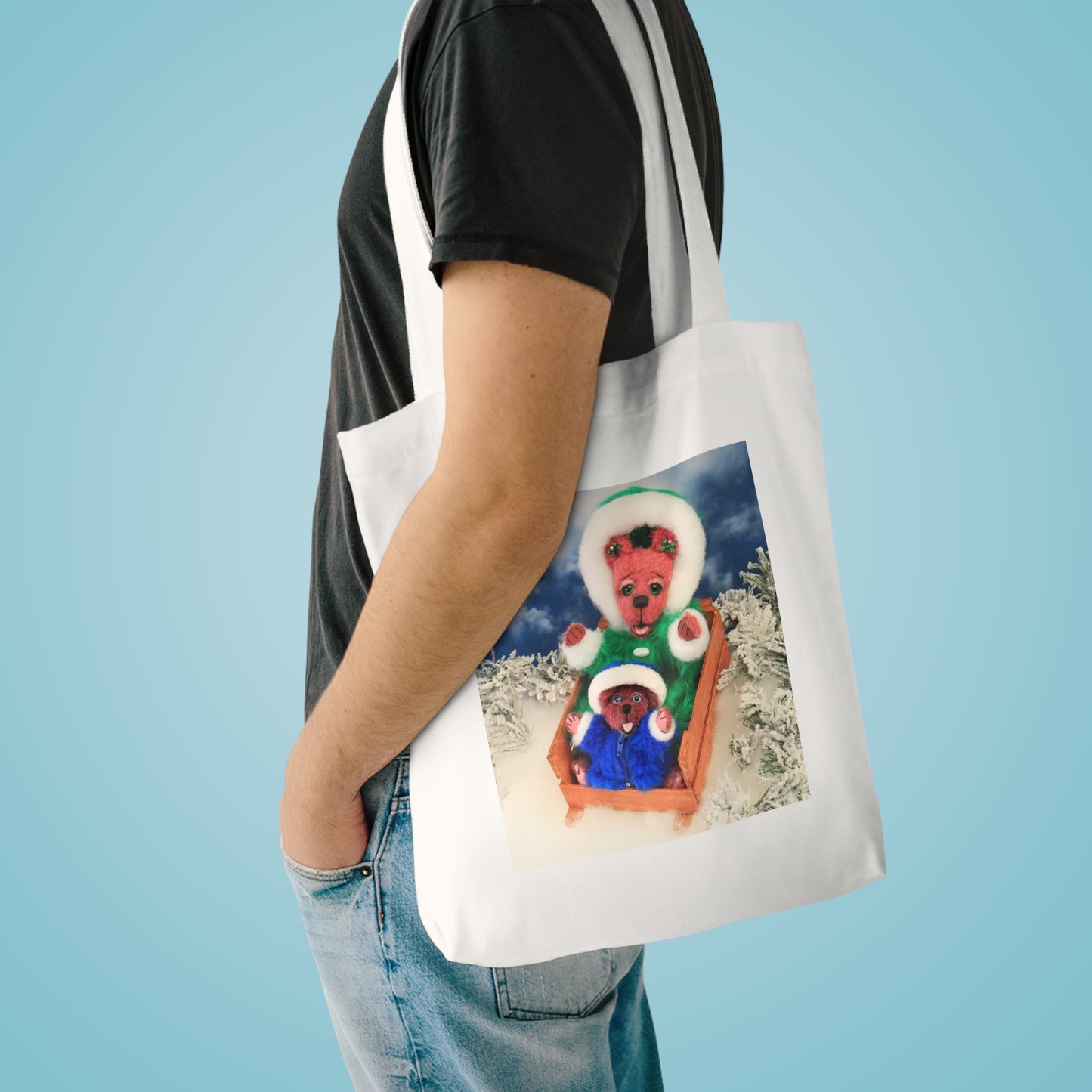 Festive Cotton Tote Bag with Holiday Design, Christmas Gift Bag, Eco-Friendly Shopping Tote, Personalized Winter Tote, Family Photo Bag