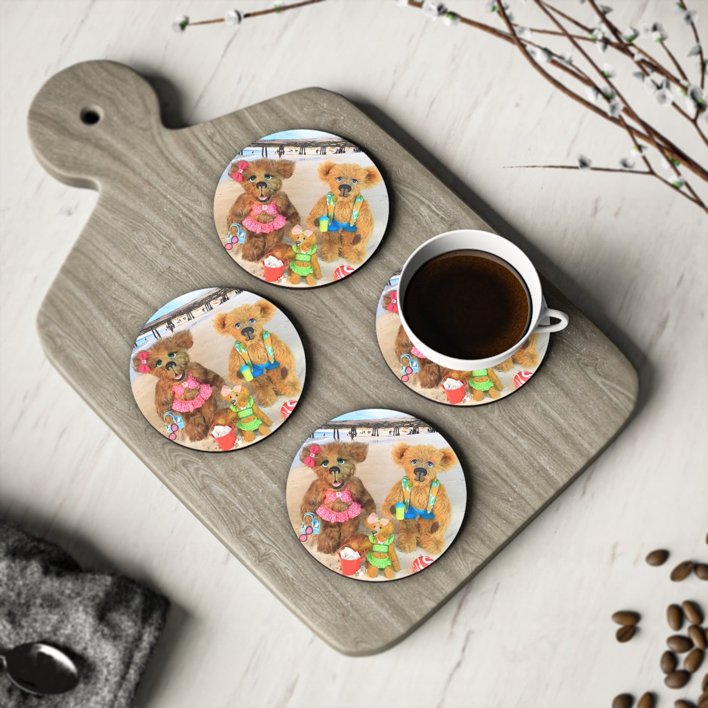 Beach-Themed Coasters with Cute Bears | Fun Gift for Summer Parties, Home Decor, Kitchen Accessories, Coaster Set, Drinkware