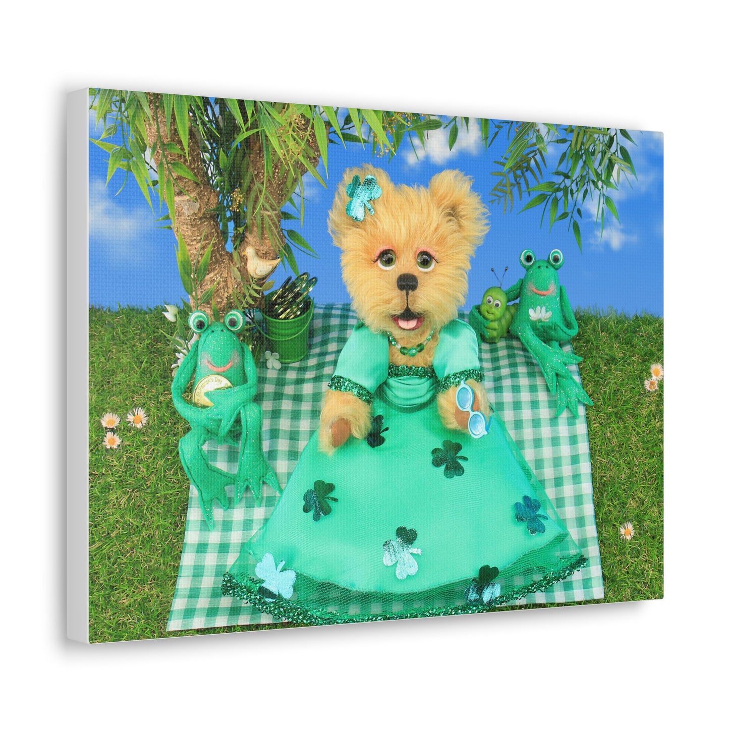 Whimsical Canvas Art Print featuring Adorable Bear and Frogs, St. Patrick's Day Decor, Kids Room Decor, Animal Lovers Gift, Fun Wall Art