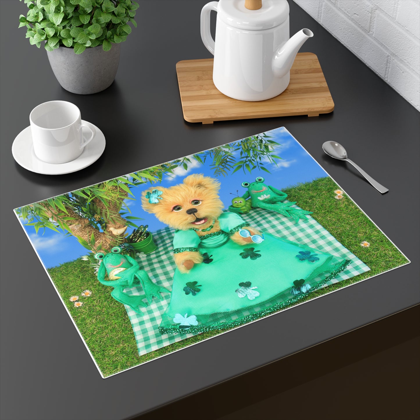 Premium Whimsical Dog 100% Cotton Placemat, Green Frog Decor, Kid's Table Setting, Fun Dining Experience, Spring Parties, Pet Lover Gift