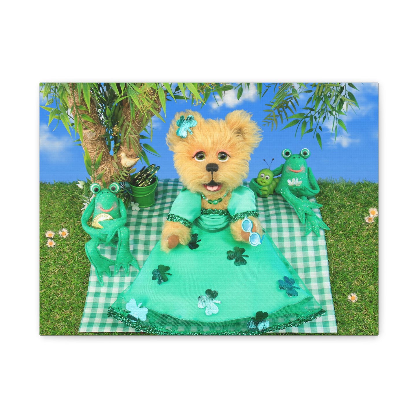 Whimsical Canvas Art Print featuring Adorable Bear and Frogs, St. Patrick's Day Decor, Kids Room Decor, Animal Lovers Gift, Fun Wall Art