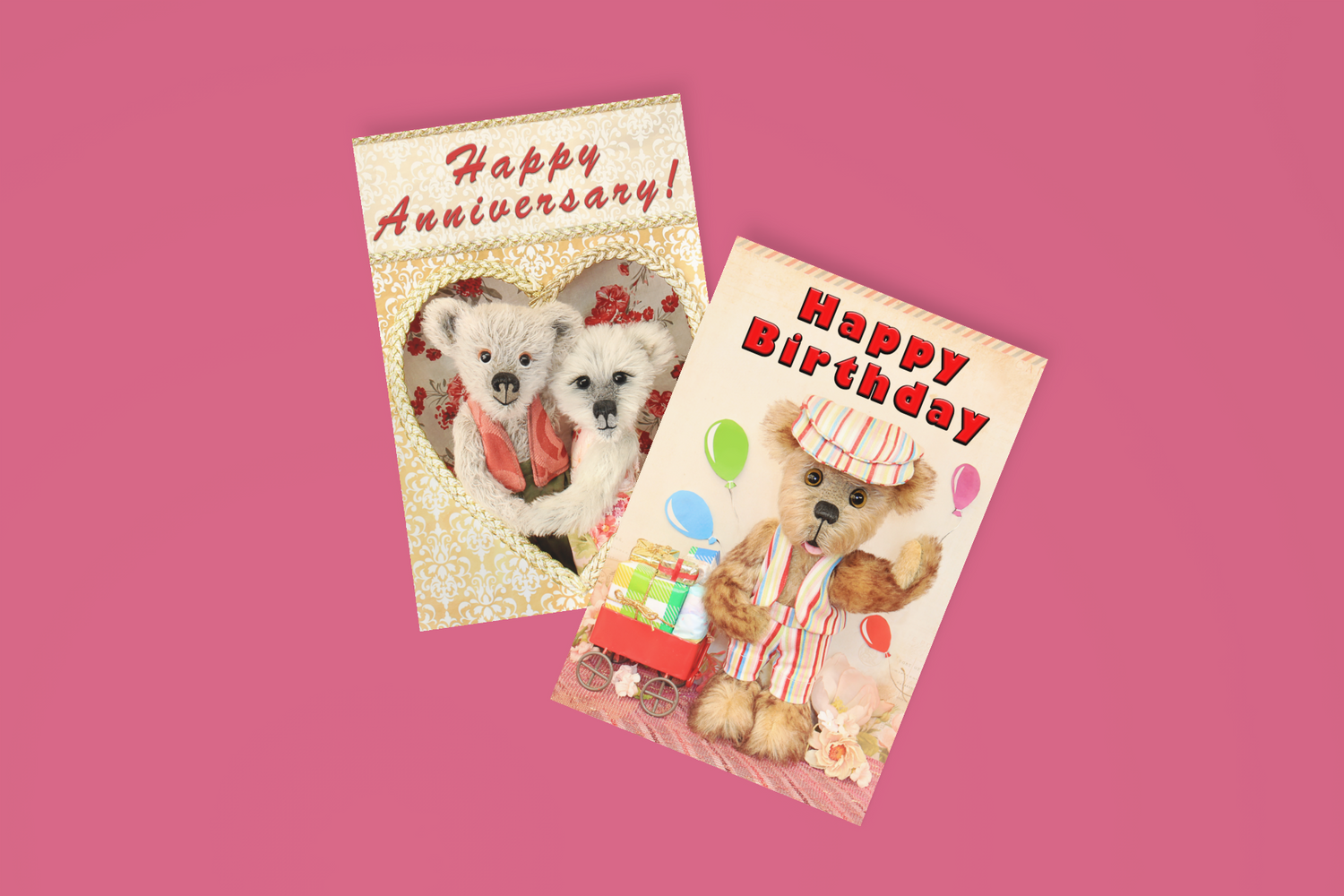 Two greeting cards with teddy bears on a pink background